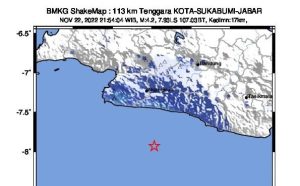 pada Pukul 21:54:04 WIB, Selasa, 22 November 2022 telah terjadi gempabumi tektonik wilayah Kota Sukabumi dan sekitarnya. Hasil analisa BMKG menunjukkan bahwa gempabumi ini berkekuatan M=4,2. Episenter terletak pada koordinat 7.93 LS dan 107.03 BT, atau tepatnya berlokasi di laut pada jarak 113 km Tenggara Kota Sukabumi, Jawa Barat pada kedalaman 17 km.
