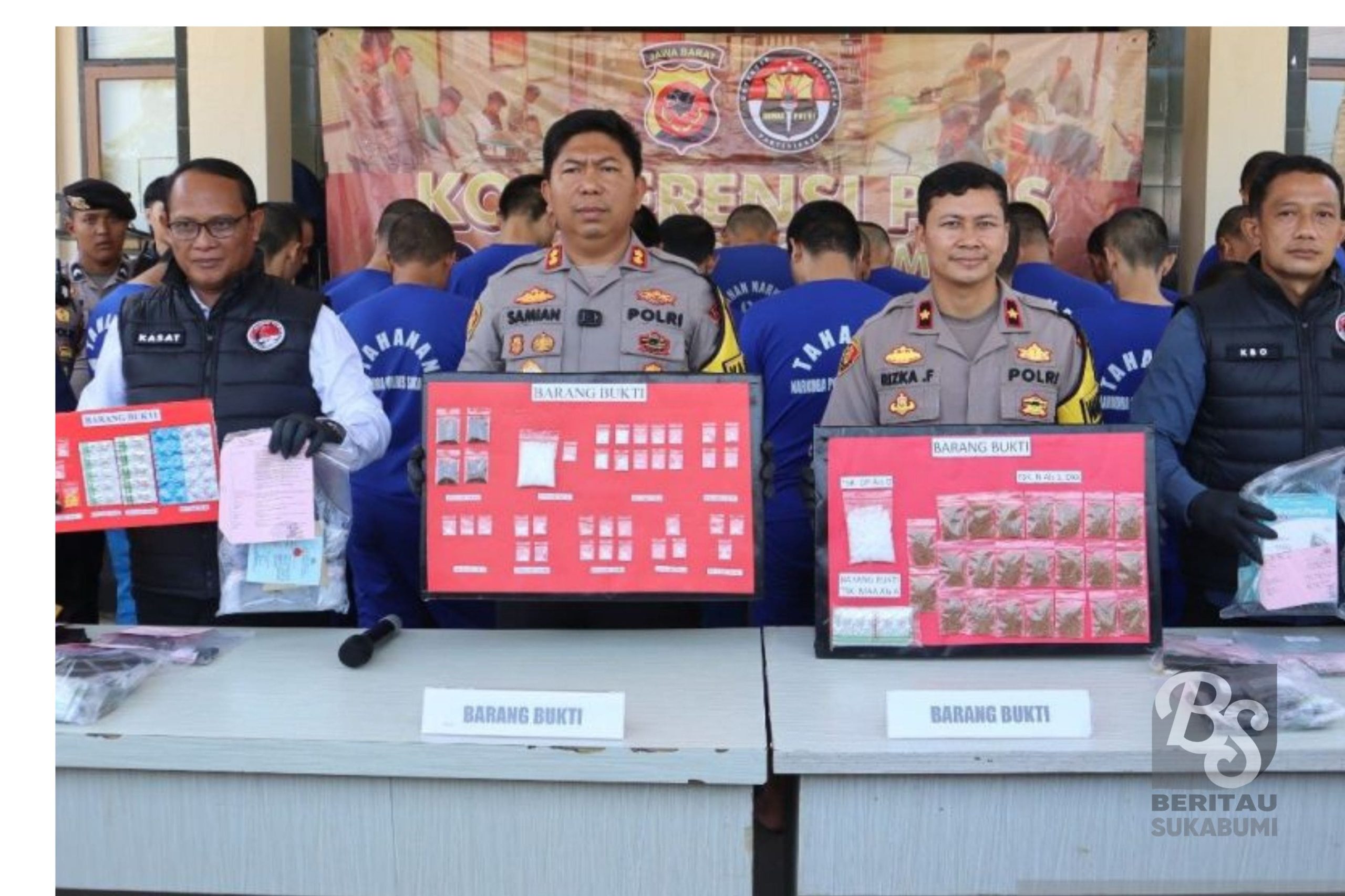 BERITAUSUKABUMI.COM-Satuan Reserse Narkoba, Polres Sukabumi tangkap 34 tersangka perkara penyalahgunaan narkotika dan obat keras terlarang dari sejumlah lokasi dalam waktu berbeda.
