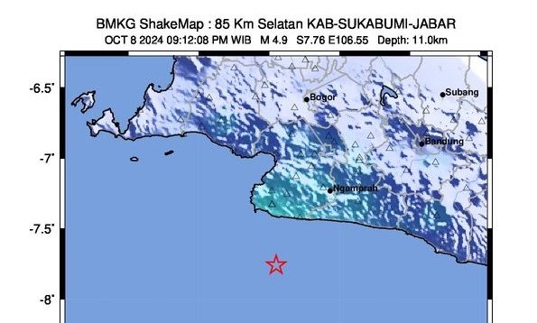 Wilayah Kabupaten Sukabumi dan sekitarnya diguncang gempabumi tektonik. Hasil analisa BMKG menunjukkan bahwa gempabumi ini berkekuatan M=4,9.