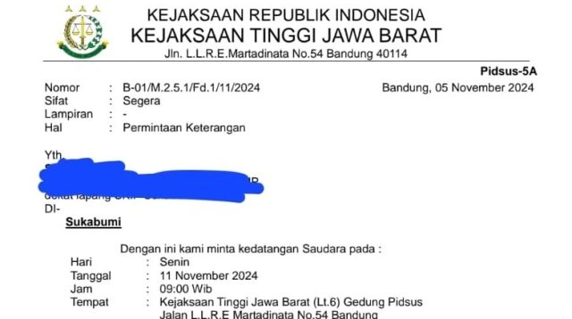 Beredar surat berkop Kejaksaan Tinggi Jawa Barat perihal permintaan keterangan terhadap salah satu pejabat eselon II di lingkup Pemerintah Kota Sukabumi.