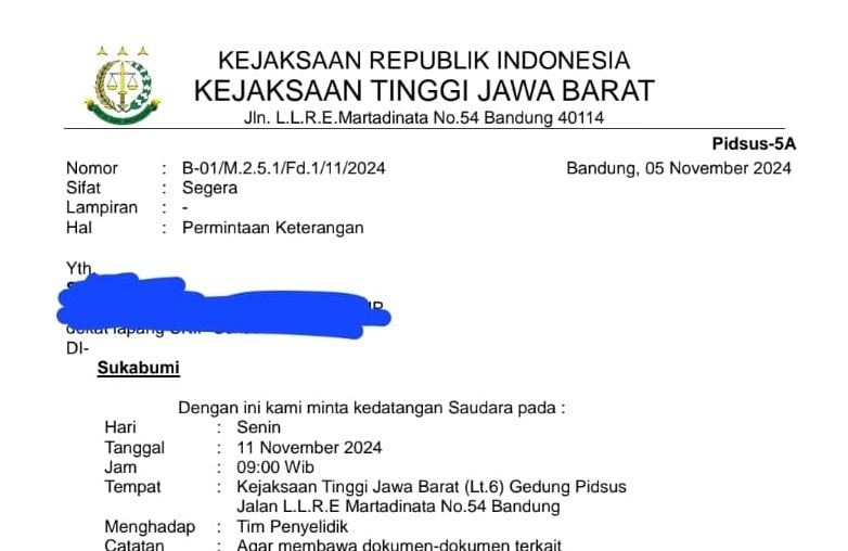 Beredar surat berkop Kejaksaan Tinggi Jawa Barat perihal permintaan keterangan terhadap salah satu pejabat eselon II di lingkup Pemerintah Kota Sukabumi.