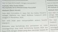 Selebaran bertuliskan materi pernyataan sumpah dukungan untuk mencoblos pasangan Calon Walikota-Wakil Walikota Sukabumi Nomor Urut 2, Ayep Zaki-Bobby Maulana